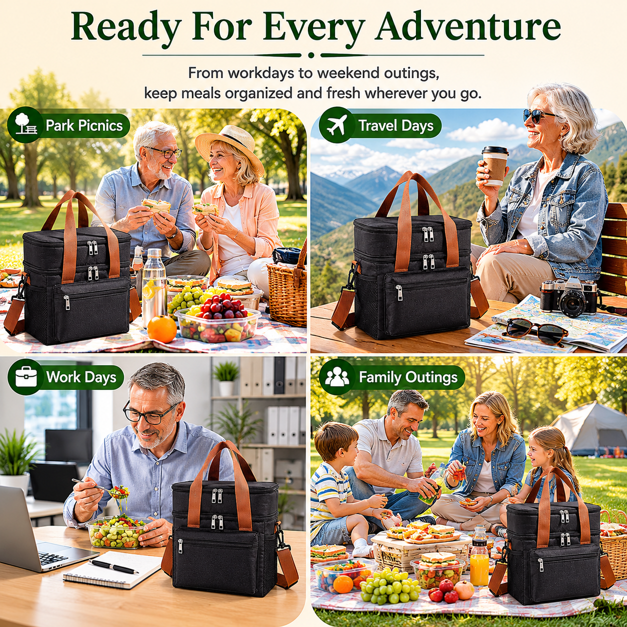 Collage of people using a black insulated picnic bag in various settings.
