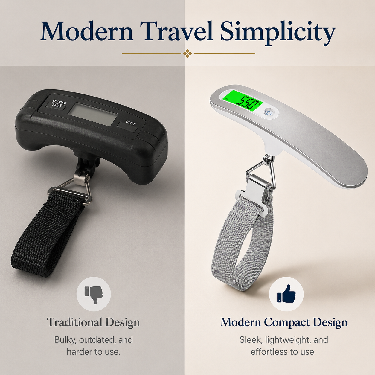 Comparison of a bulky traditional luggage scale and a sleek silver digital luggage scale with a backlit display.