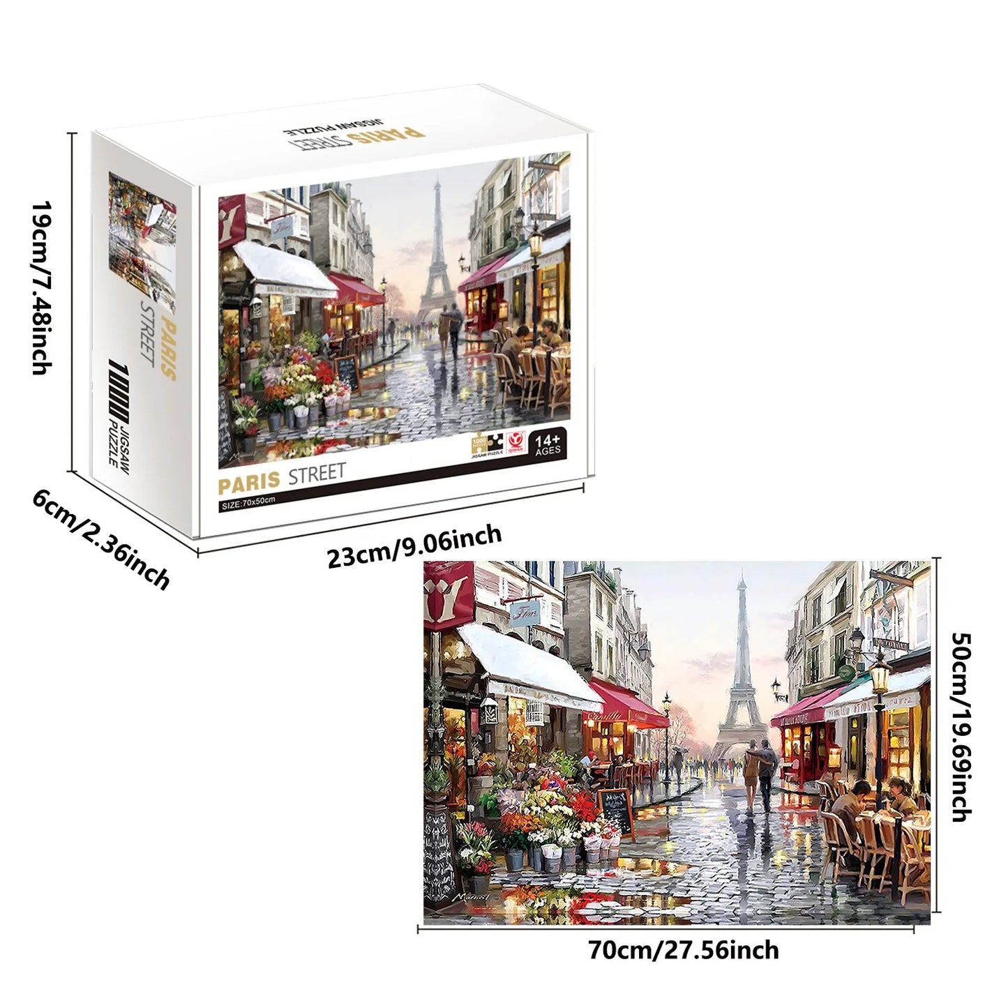 Size chart and dimensions for the finished 1000-piece Paris street scene jigsaw puzzle.