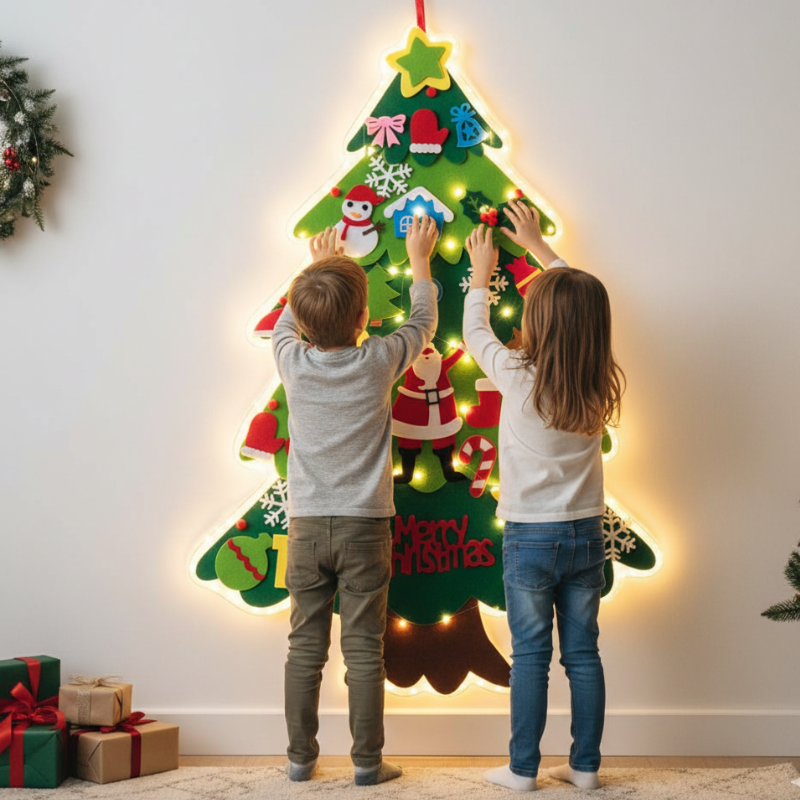 DIY Felt Christmas Tree for Kids – 32pcs Ornament Set with 16.4ft LED String Light