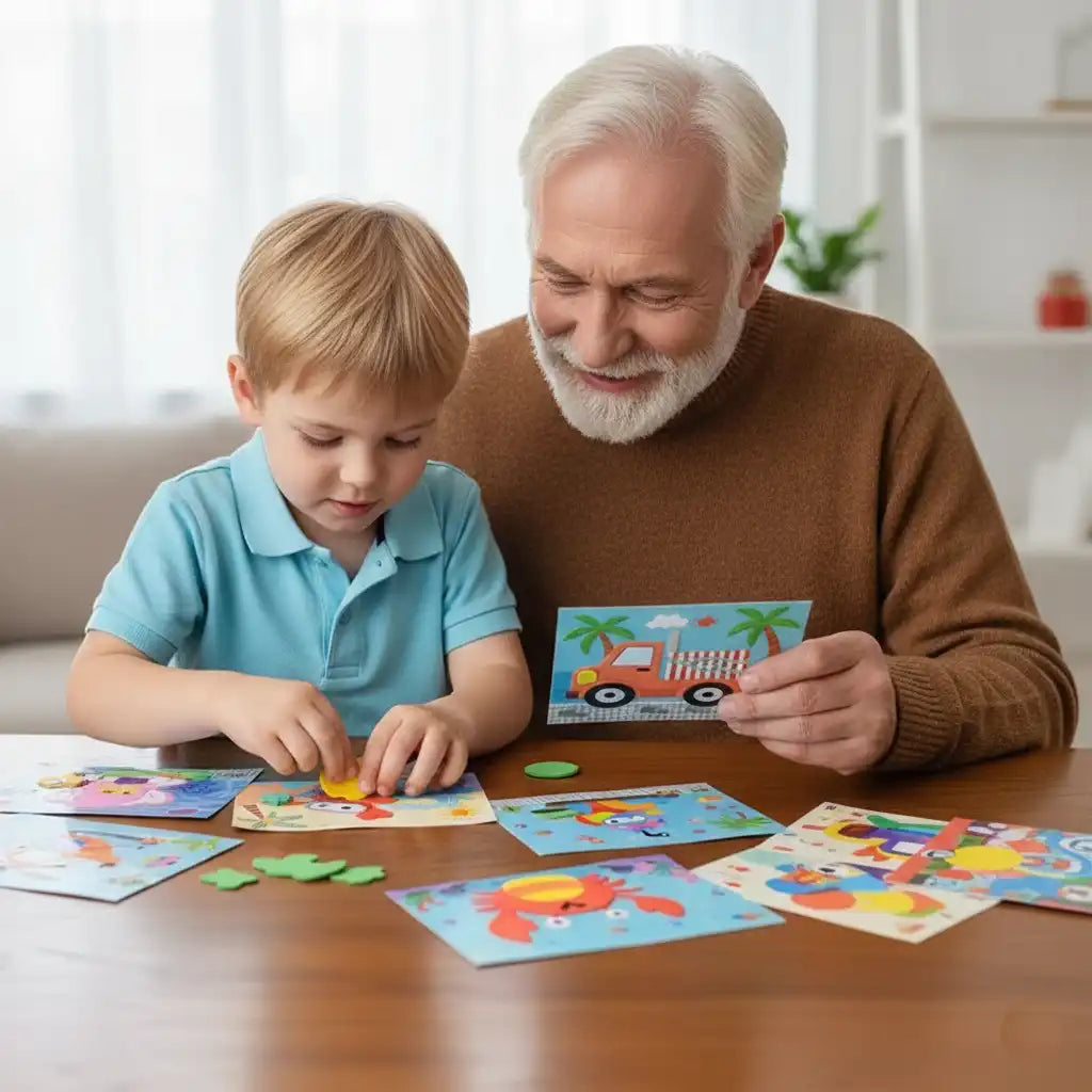 A grandfather and child bonding over a creative 3D foam puzzle game activity.