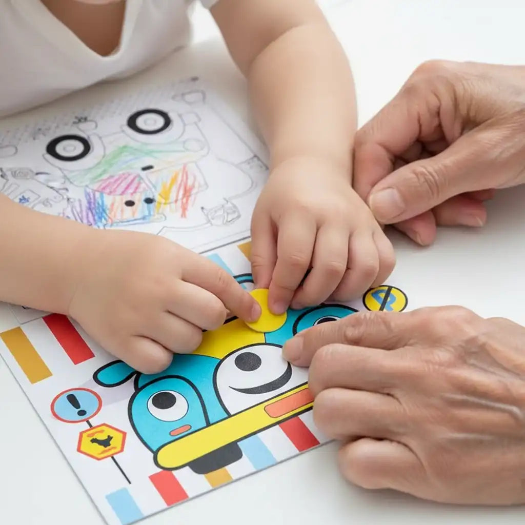 Close-up of a child's hands peeling and sticking pieces for the 3D foam puzzle game.