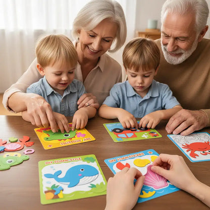 Senior couple and a child working together on a colorful EVA foam puzzle sticker set.