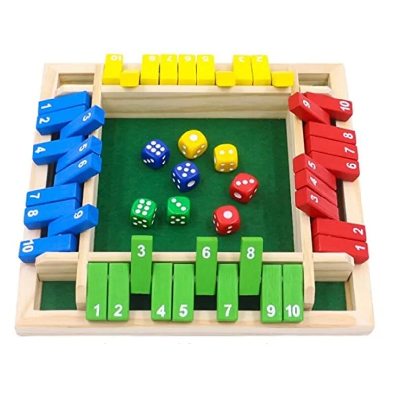 shut the box game set featuring 10 numbered wooden flaps per player and matching colored dice