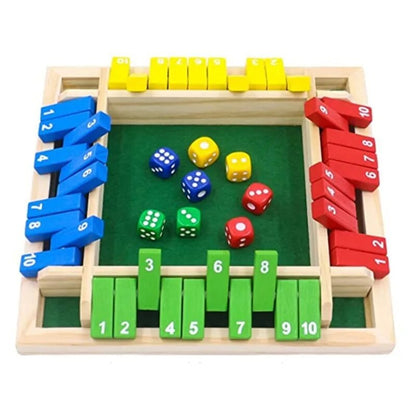 shut the box game set featuring 10 numbered wooden flaps per player and matching colored dice