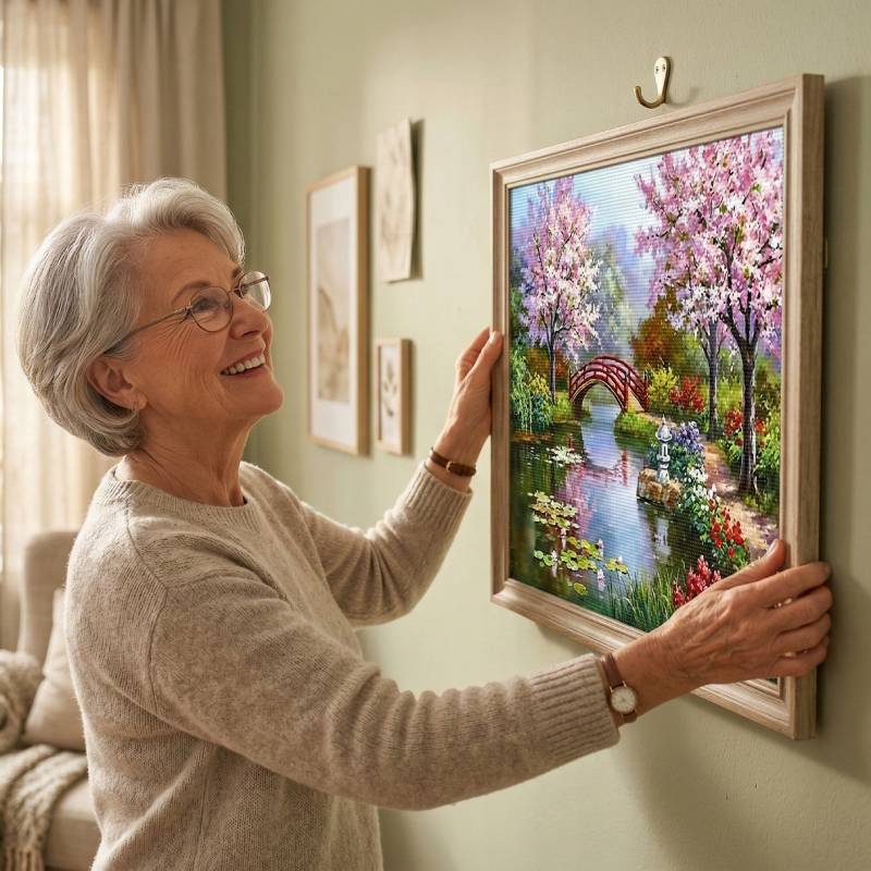 A senior woman proudly hanging her finished 5D diamond painting framed wall art.