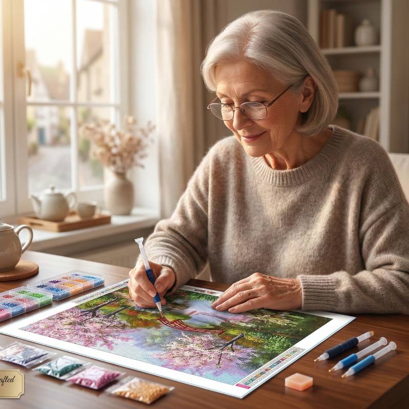 A senior woman focusing on her 5D diamond painting mosaic art project at home.