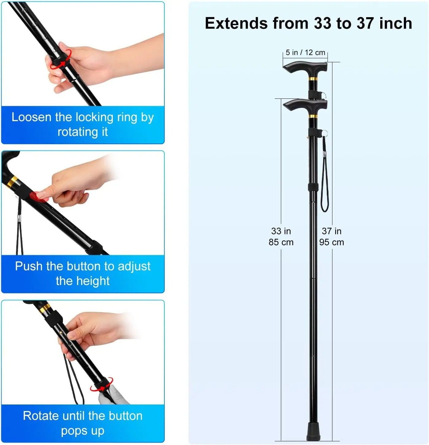 Adjustable Folding Walking Cane for Seniors – Lightweight Collapsible Aluminum Walking Stick with Non-Slip Rubber Tip