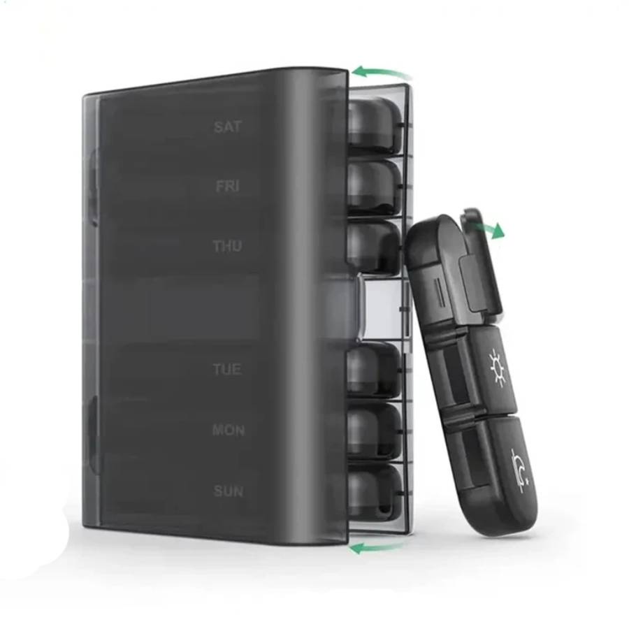 vertical side view of the compact 7-day pill organizer showing the stackable daily medicine pods