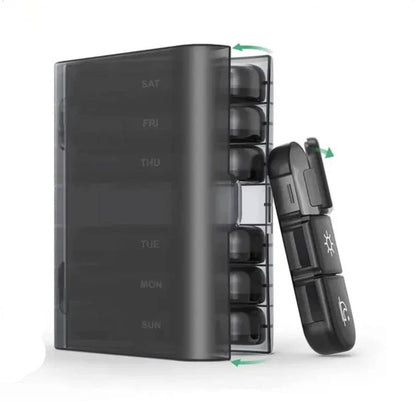 vertical side view of the compact 7-day pill organizer showing the stackable daily medicine pods