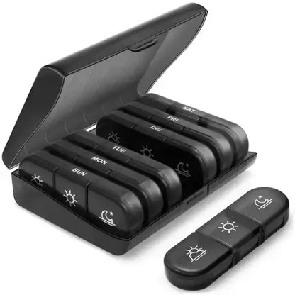 weekly medicine case for seniors featuring 7 removable daily pill pods with 3 compartments each