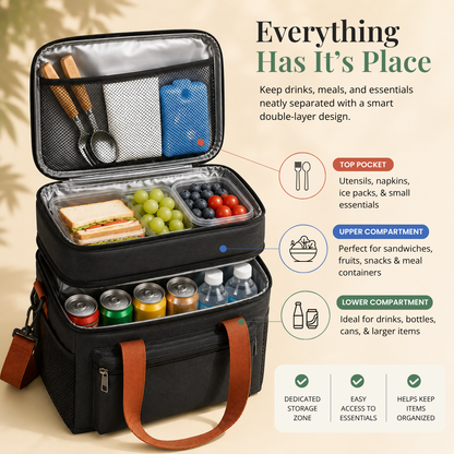 Black insulated lunch bag with compartments labeled for drinks, meals, and essentials