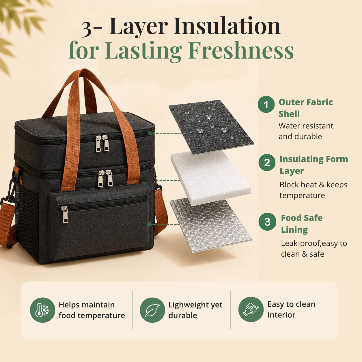 Black insulated cooler bag with 3-layer insulation features