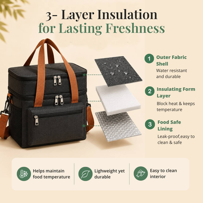 Black insulated cooler bag with 3-layer insulation features