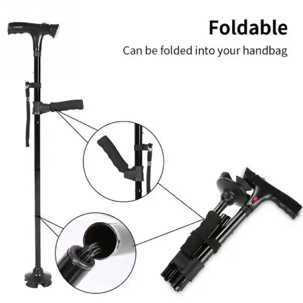 Folding Telescopic Walking Cane with LED Light & Safety Alarm for Seniors