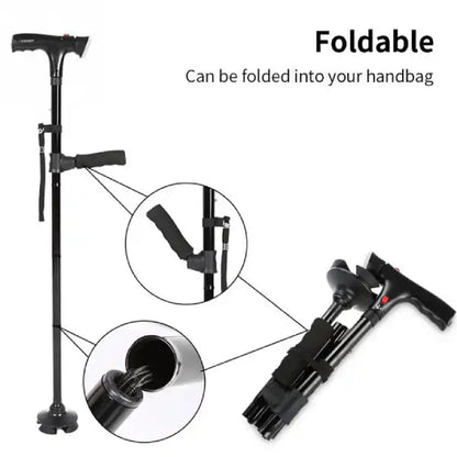 Folding Telescopic Walking Cane with LED Light & Safety Alarm for Seniors