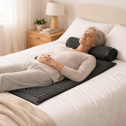 senior woman lying on her back in bed using a spike therapy mat and pillow for deep relaxation