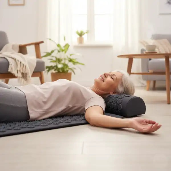 senior female traveler using an acupressure mat on a floor for full-body muscle tension support