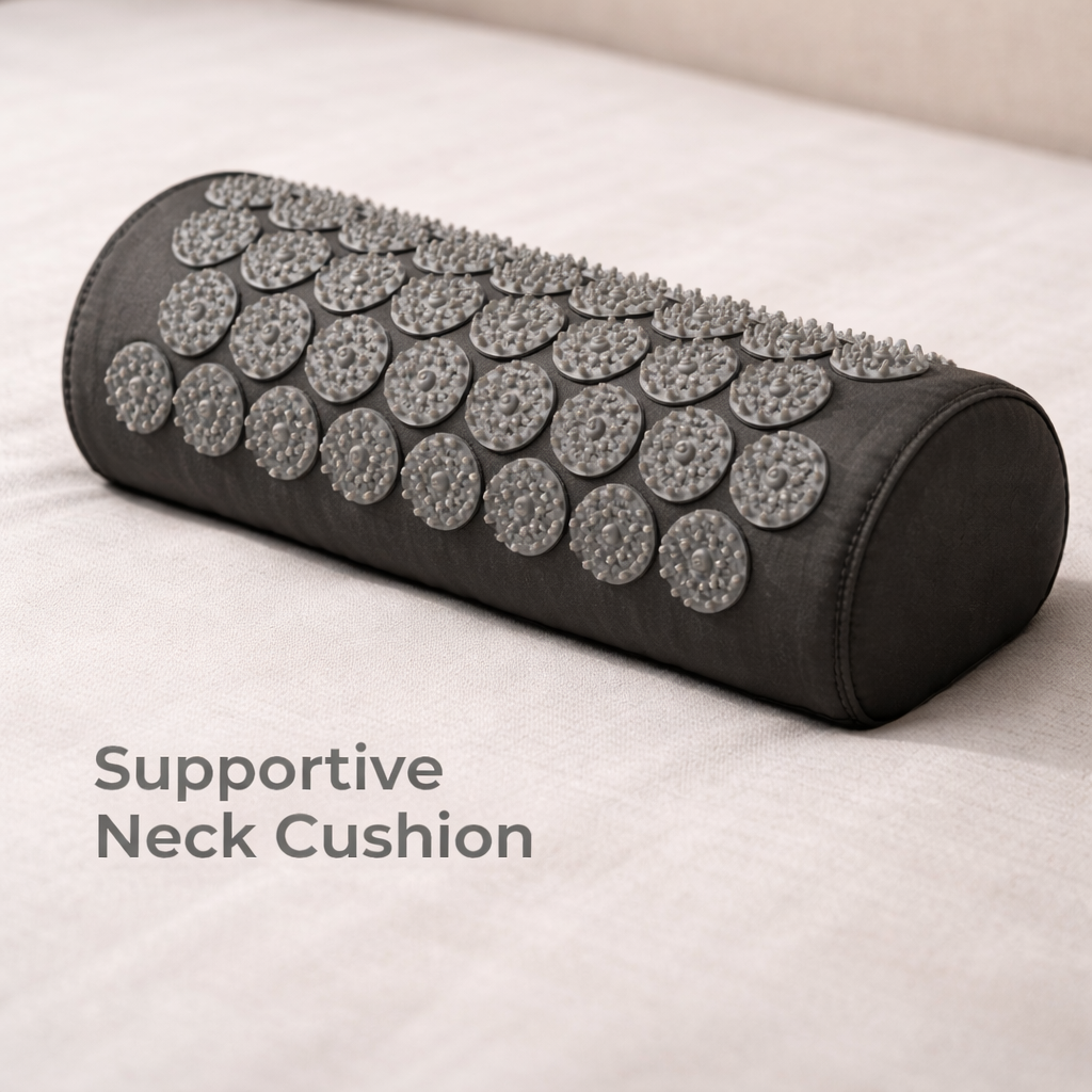 supportive neck cushion with acupressure spikes placed on a bed for cervical spine relaxation