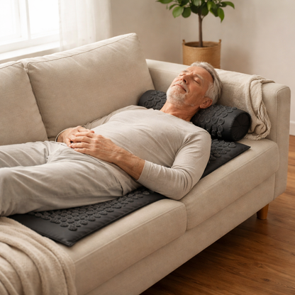 senior man lying on a living room sofa using an acupressure mat and pillow for back support