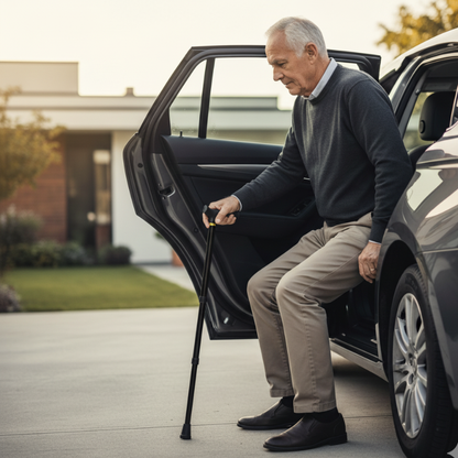 Senior man using the non-slip walking cane for support while entering a car for safer mobility.