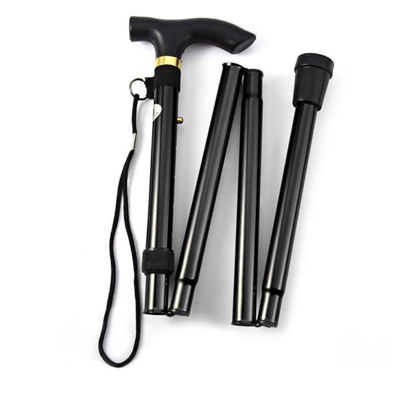 The aluminum walking cane shown in its compact, folded state for easy travel and storage.