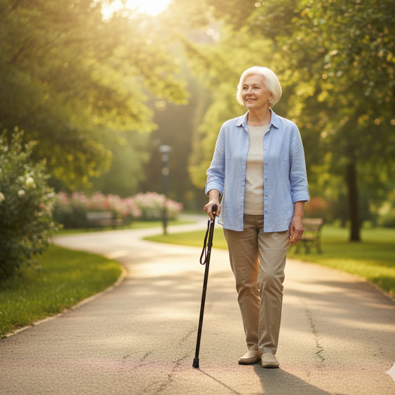 A senior woman confidently using her collapsible walking cane while walking in a sunlit park.