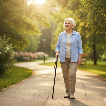 A senior woman confidently using her collapsible walking cane while walking in a sunlit park.