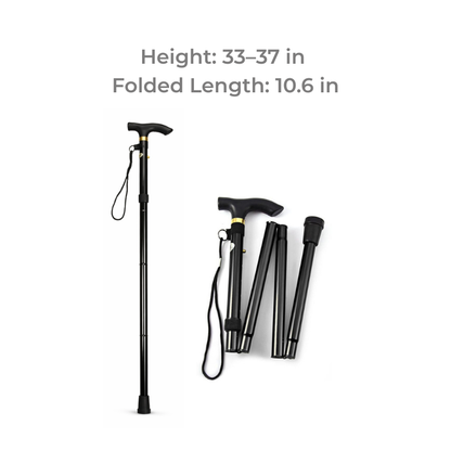 Specifications showing the adjustable height of folded length of the cane.