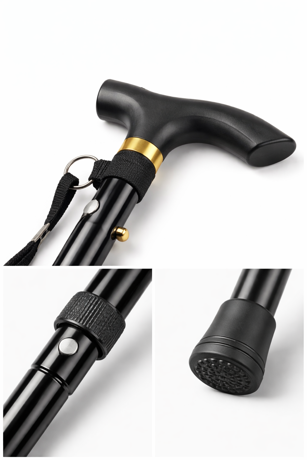 Close-up details of the non-slip rubber tip and the ergonomic handle of the folding walking cane.