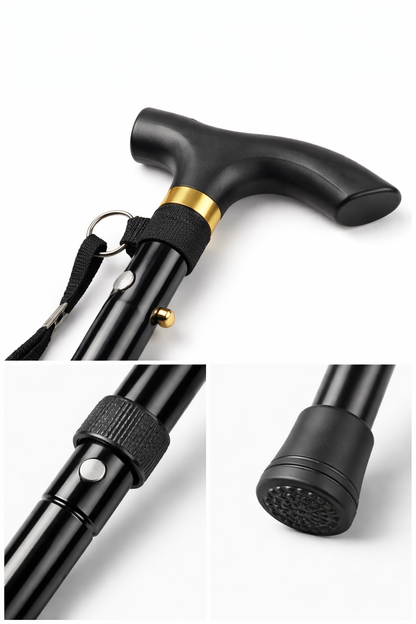 Close-up details of the non-slip rubber tip and the ergonomic handle of the folding walking cane.