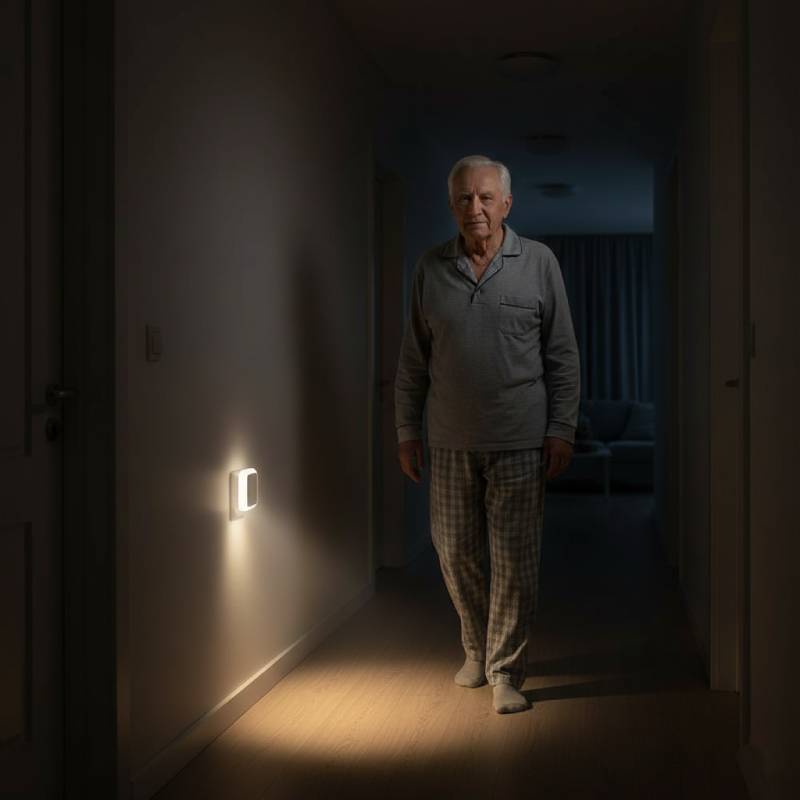 A senior man walking safely through a dark hallway illuminated by motion sensor lights.