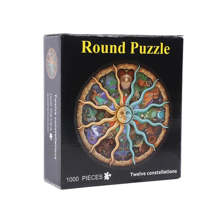 Front-facing product box shot of the Celestial Wonders Round Puzzle showing the 12 Zodiac signs design.