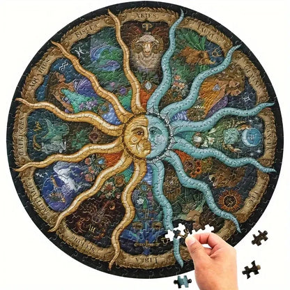 Close-up shot of a hand placing the final piece into a colorful circular constellation jigsaw puzzle.