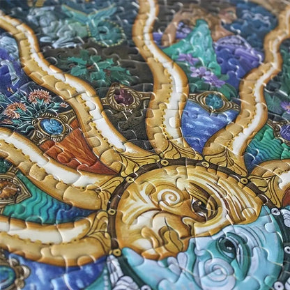 Detailed high-quality print view of the sun and moon center artwork on the round zodiac puzzle.