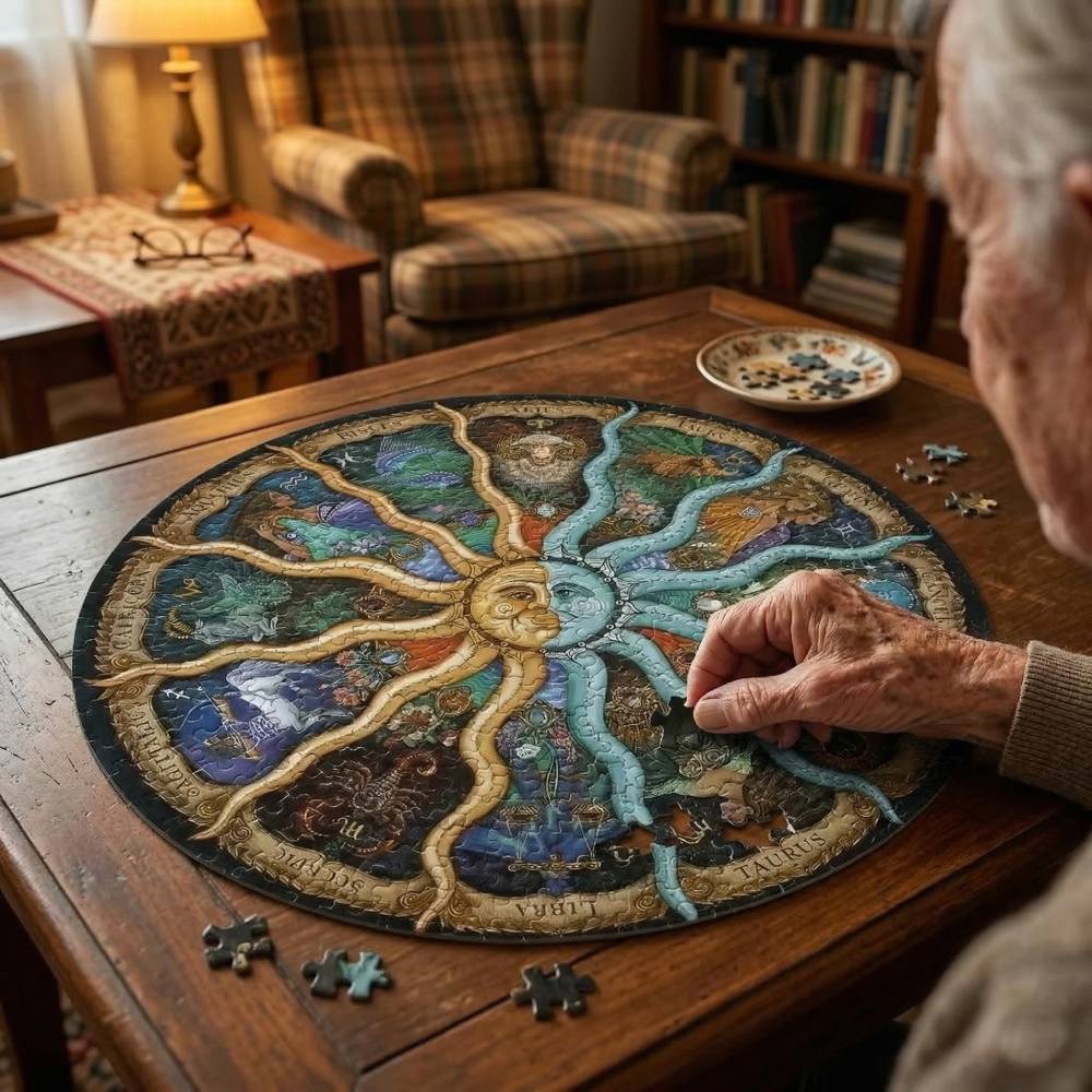 An elderly man focused on assembling a round celestial jigsaw puzzle on a wooden coffee table.