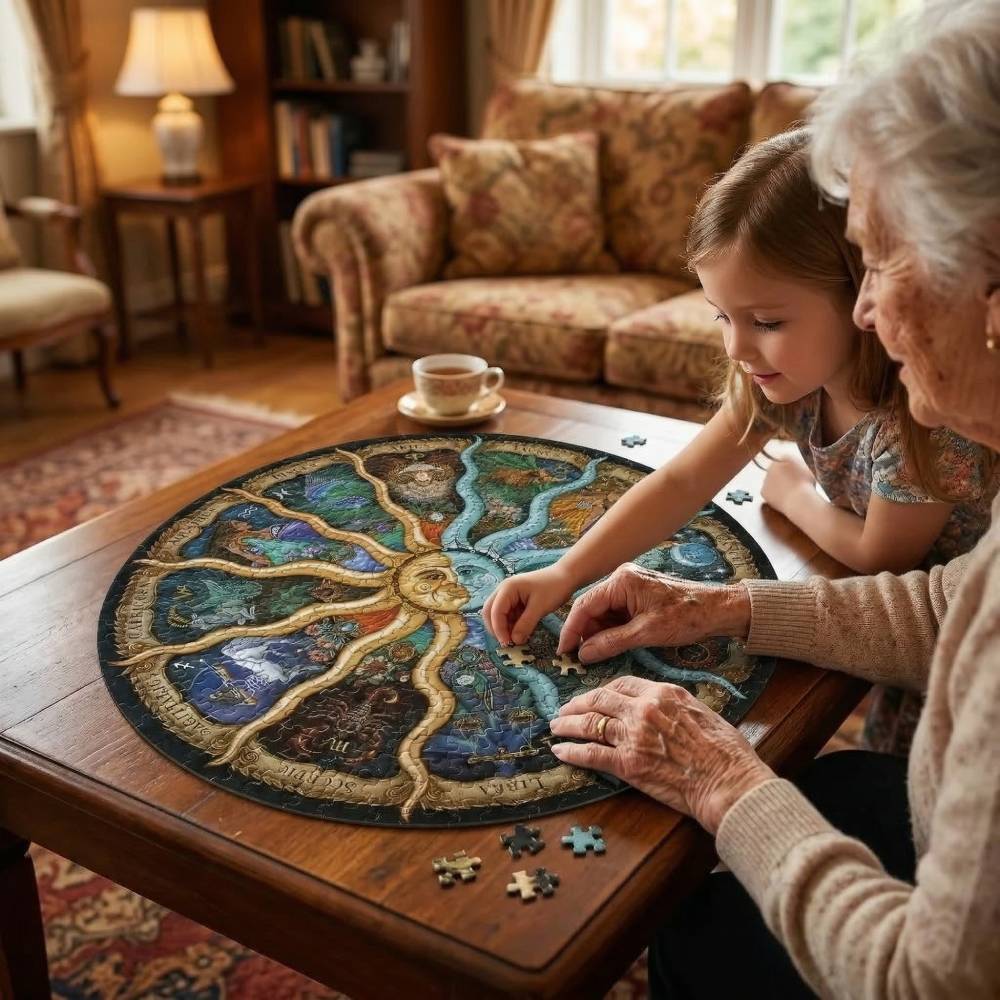 A grandmother and child working together on a zodiac-themed round puzzle for a mental wellness hobby.