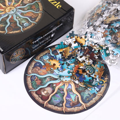 The retail packaging box for the Celestial Wonders 1,000-piece puzzle shown alongside its assorted puzzle pieces.