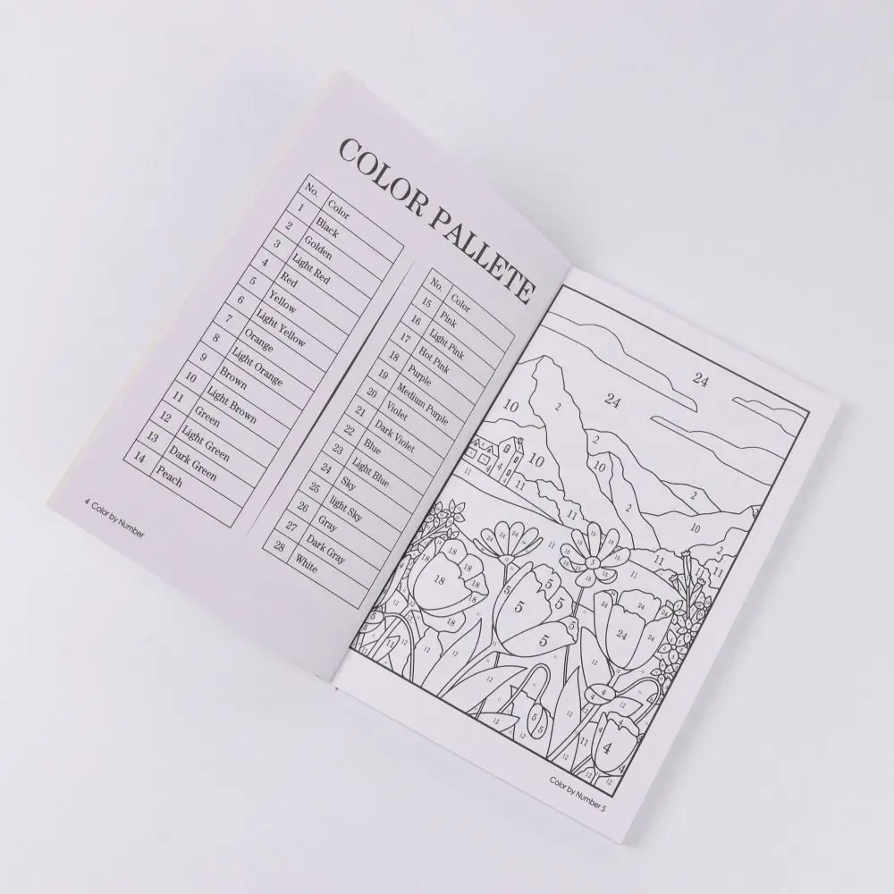 Internal page of the color by number book showing the easy-to-follow color palette guide.