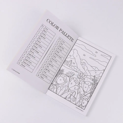 Internal page of the color by number book showing the easy-to-follow color palette guide.
