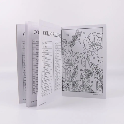 Open view of the adult color by number book showing various intricate floral designs.