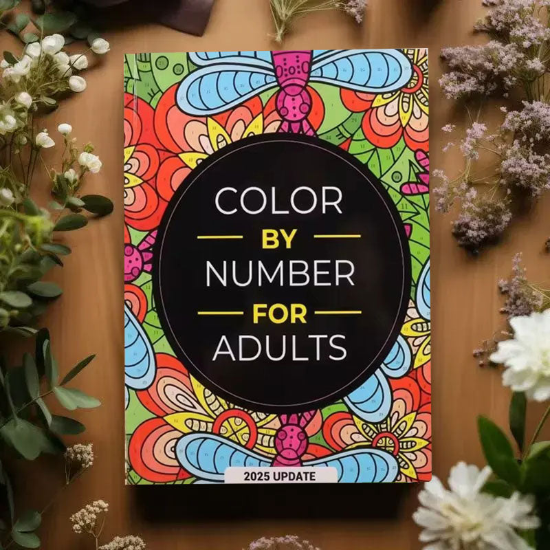 Color by Number for Adults book with decorative elements on a wooden surface