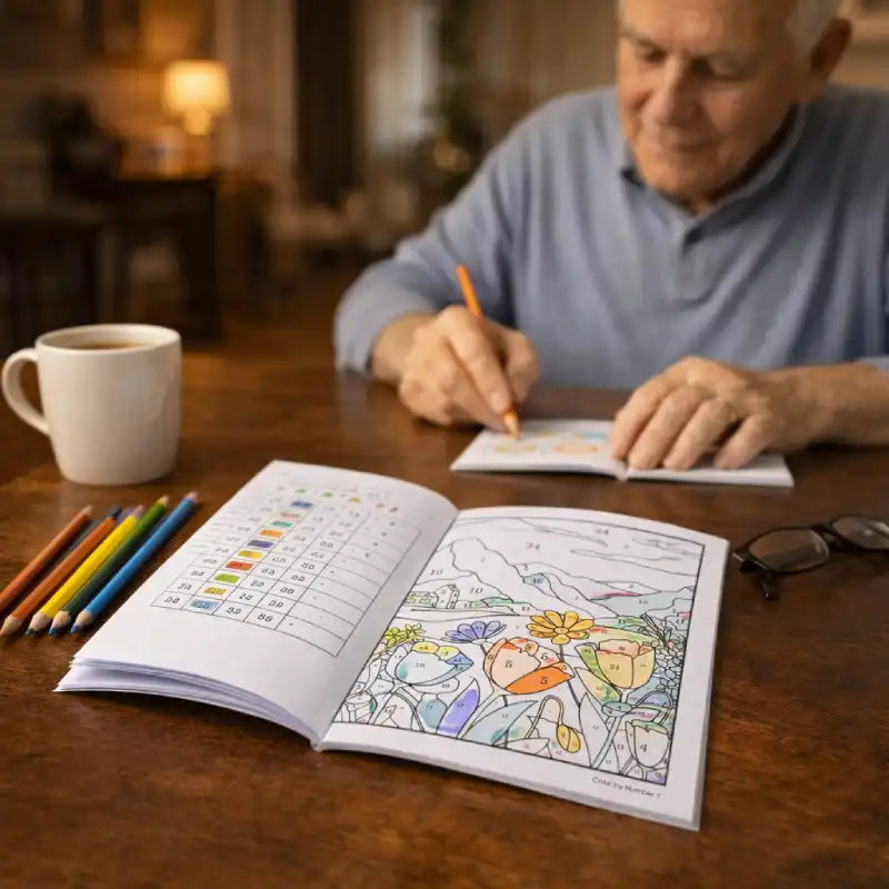 Senior man focusing on a detailed page of his adult color by number book.