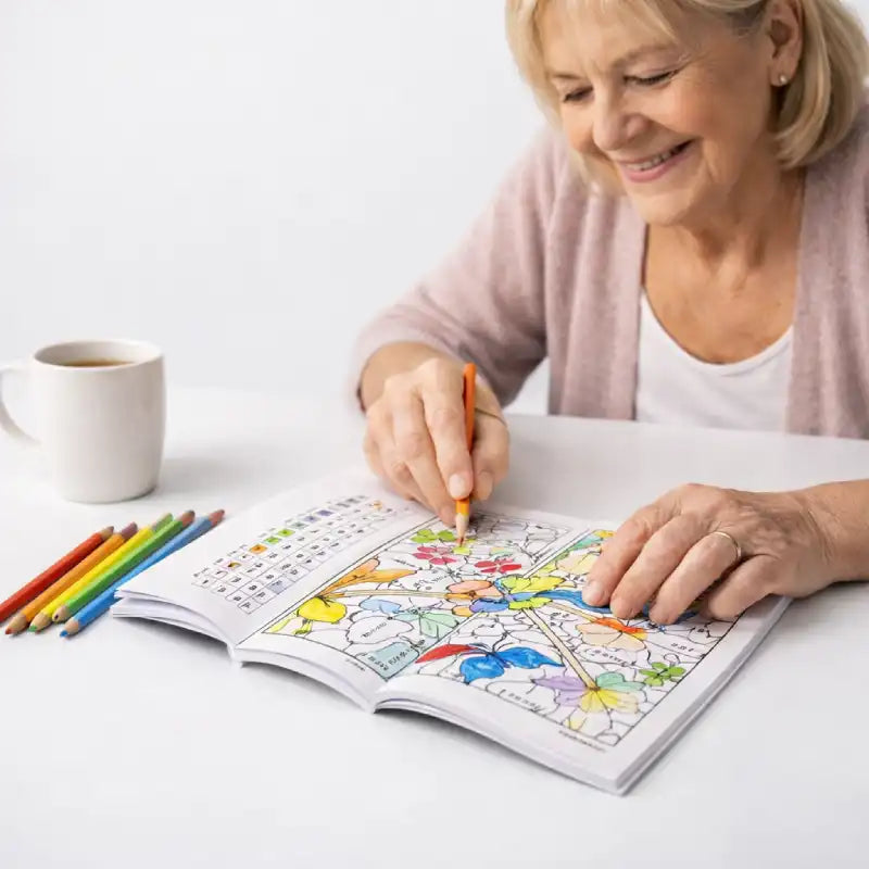 A senior woman enjoying a relaxing afternoon with her color by number book.
