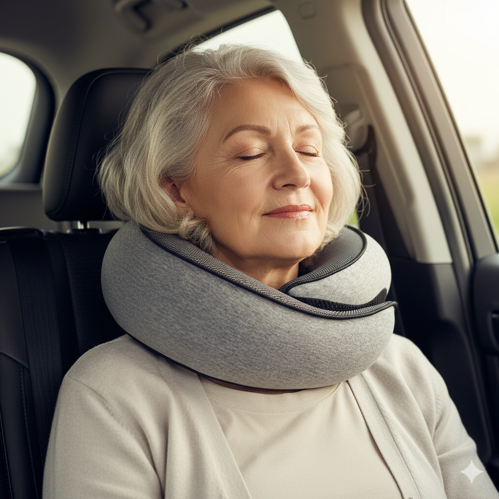 senior woman resting comfortably in car using memory foam travel neck pillow