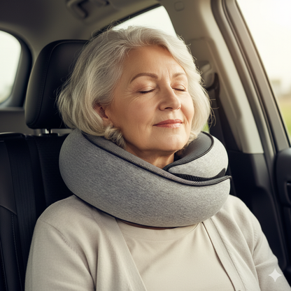 senior woman resting comfortably in car using memory foam travel neck pillow