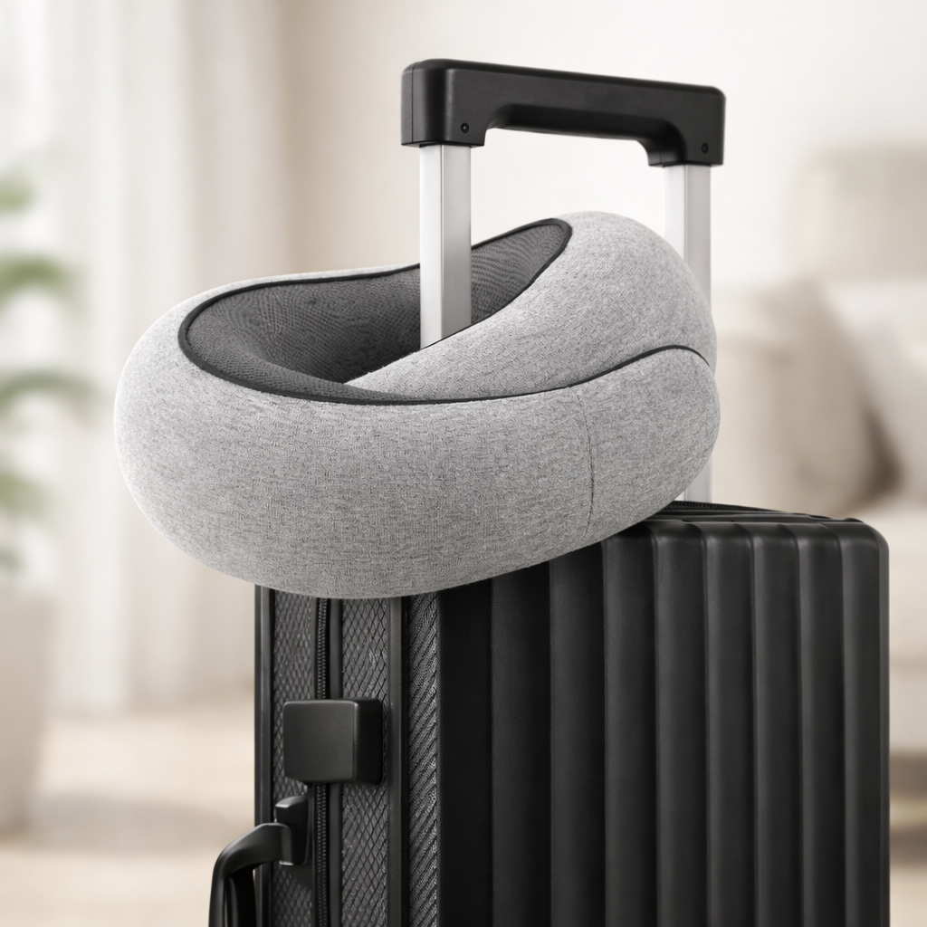 memory foam travel neck pillow attached to suitcase handle for easy travel carrying