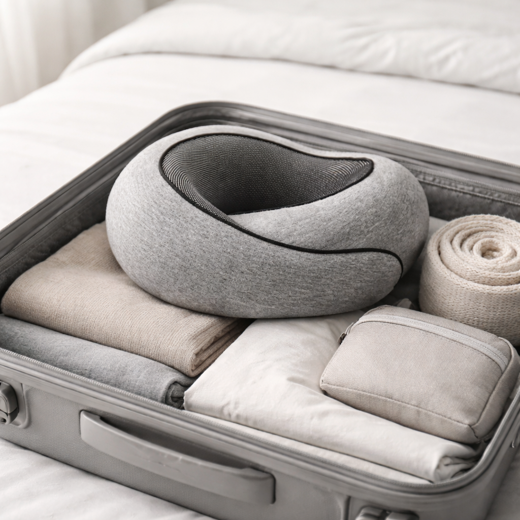 compact travel neck pillow stored neatly inside suitcase for travel convenience