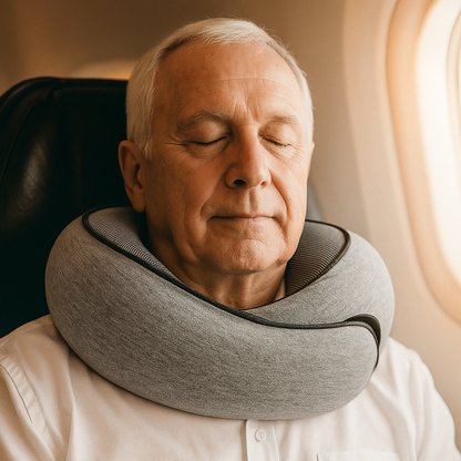 senior man relaxing with ergonomic travel neck pillow for neck support
