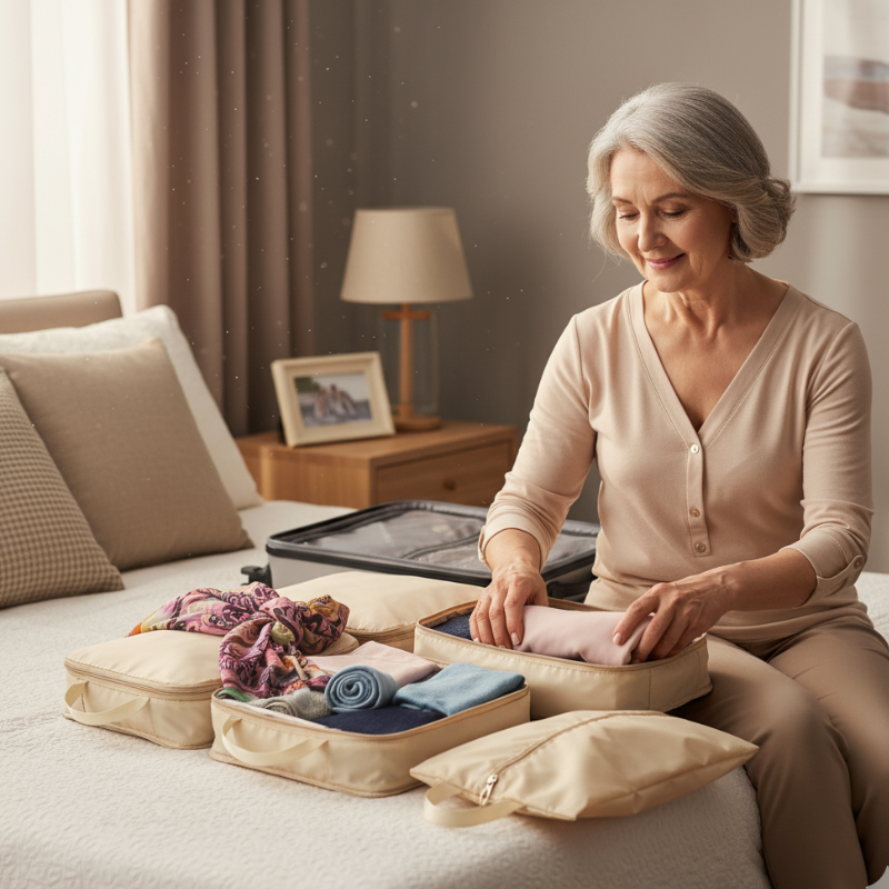 senior woman neatly organizing clothes into beige compression packing cubes on a bed